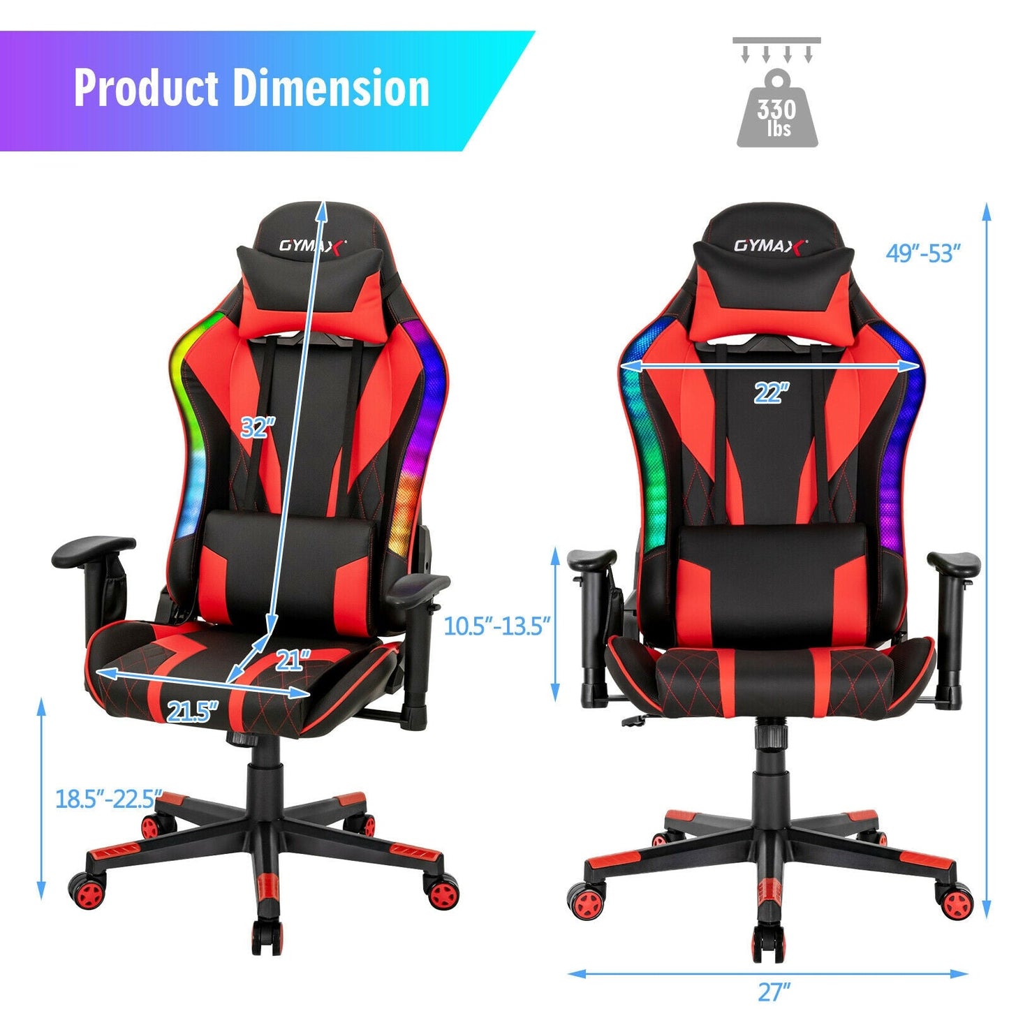 Gaming Chair Adjustable Swivel Computer Chair with Dynamic LED Lights-Red by DirectDeals