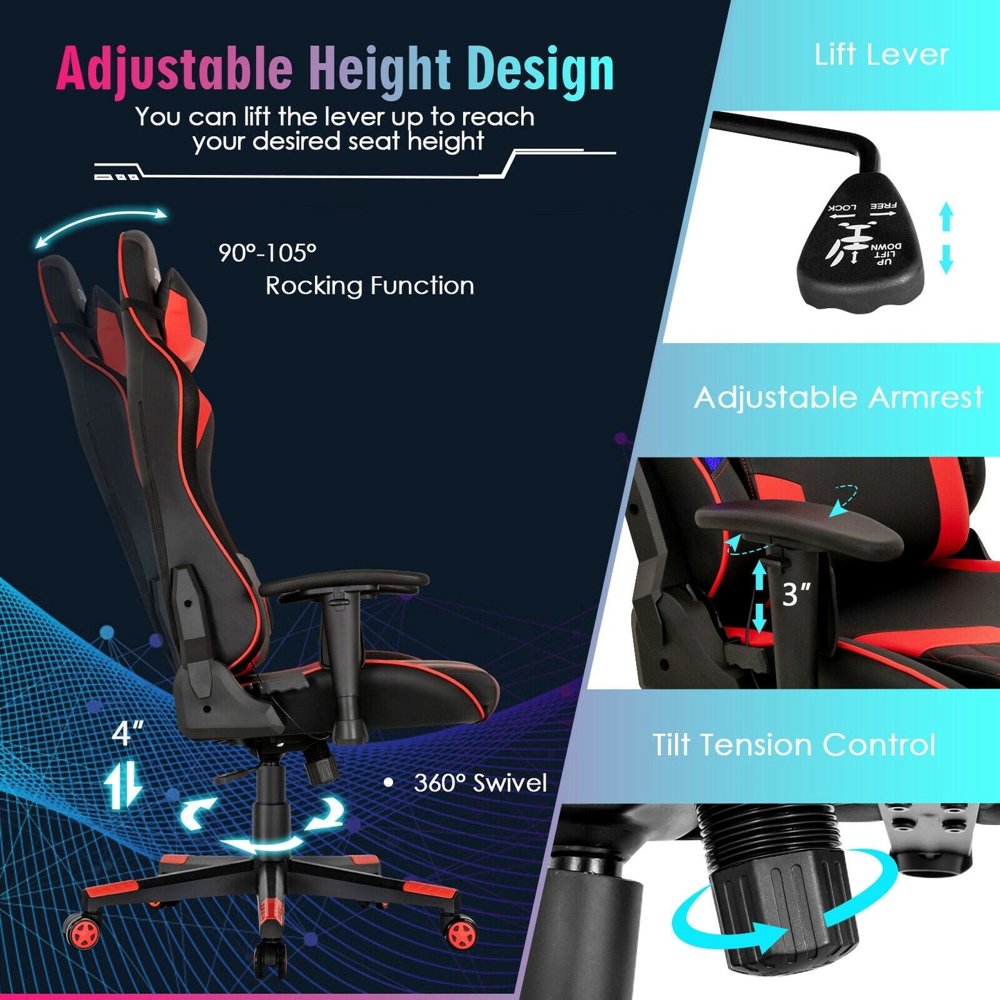 Gaming Chair Adjustable Swivel Computer Chair with Dynamic LED Lights-Red by DirectDeals