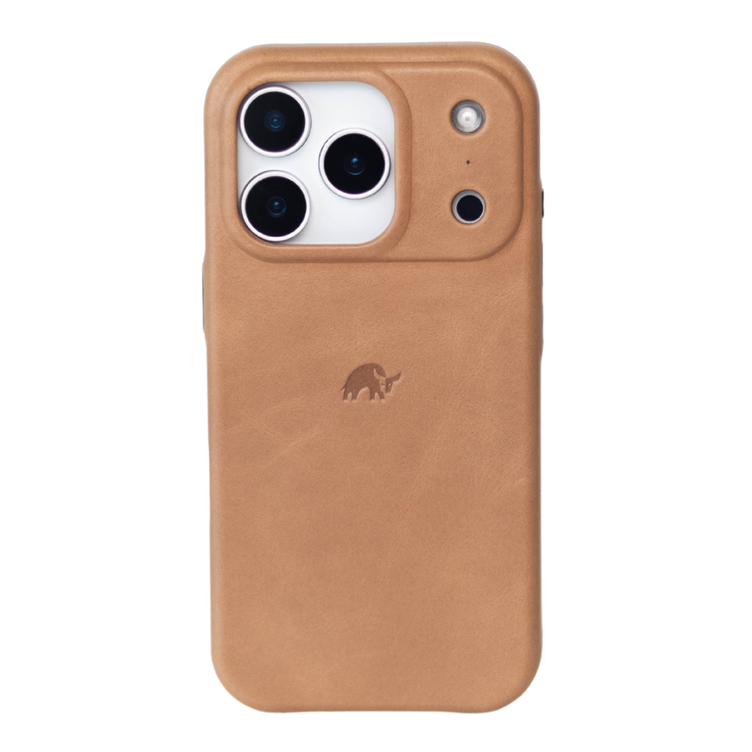 Tan leather iPhone case with raised camera lip and small embossed elephant logo