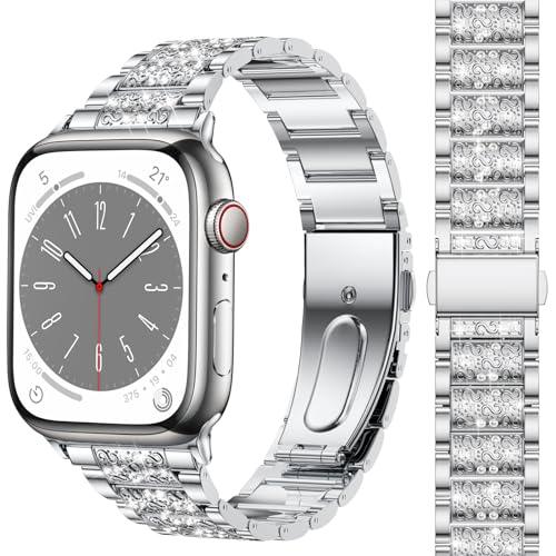 Diamond Rhinestone Stainless Steel Metal Strap Compatible with Apple Watch Band 38mm 40mm 41mm Series 9 8 7 6 5 4 3 2 1 SE, Upgraded Replacement Bracelet iWatch Band by Montret