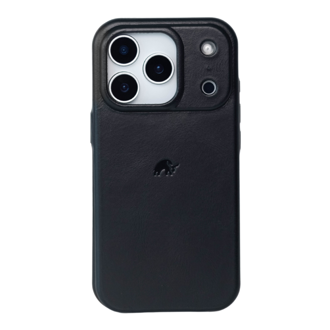 Black leather phone case with raised camera surround and Bullstrap logo