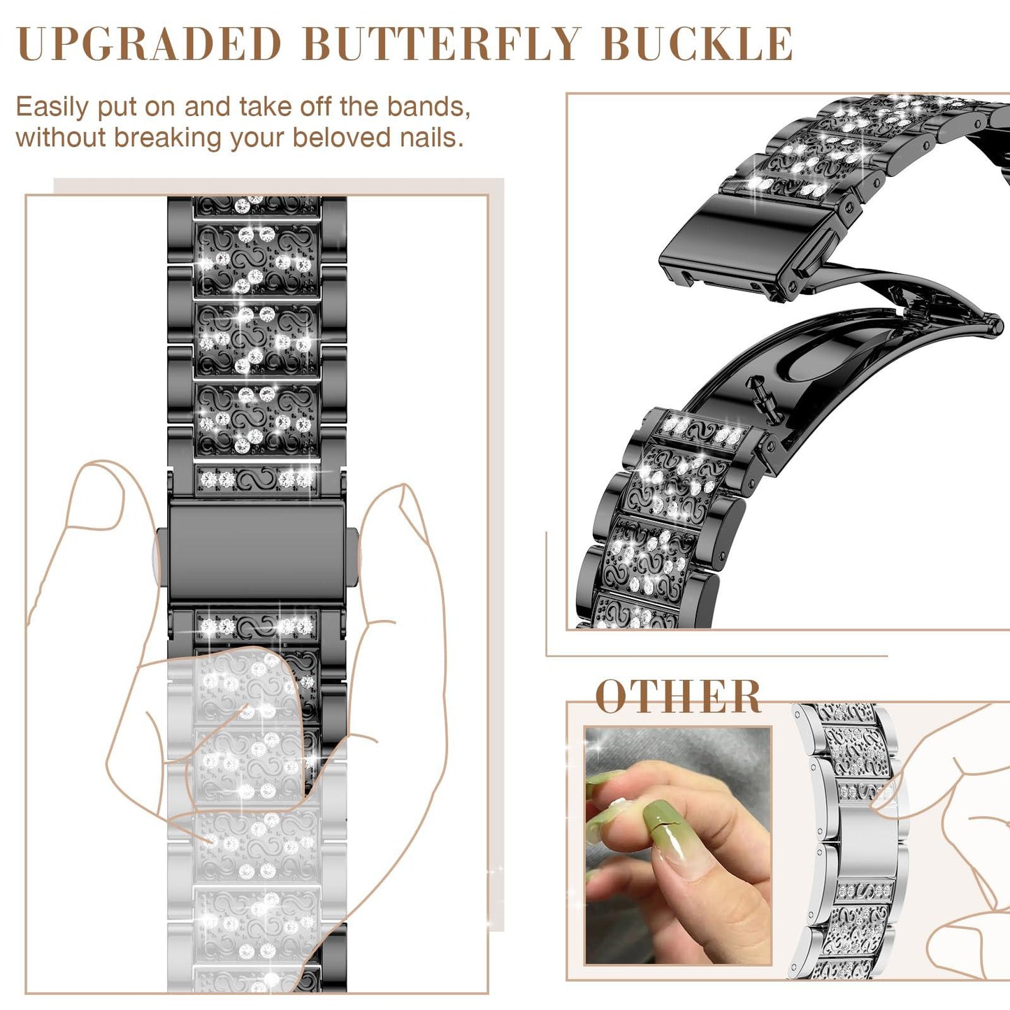 Diamond Rhinestone Stainless Steel Metal Strap Compatible with Apple Watch Band 38mm 40mm 41mm Series 9 8 7 6 5 4 3 2 1 SE, Upgraded Replacement Bracelet iWatch Band by Montret
