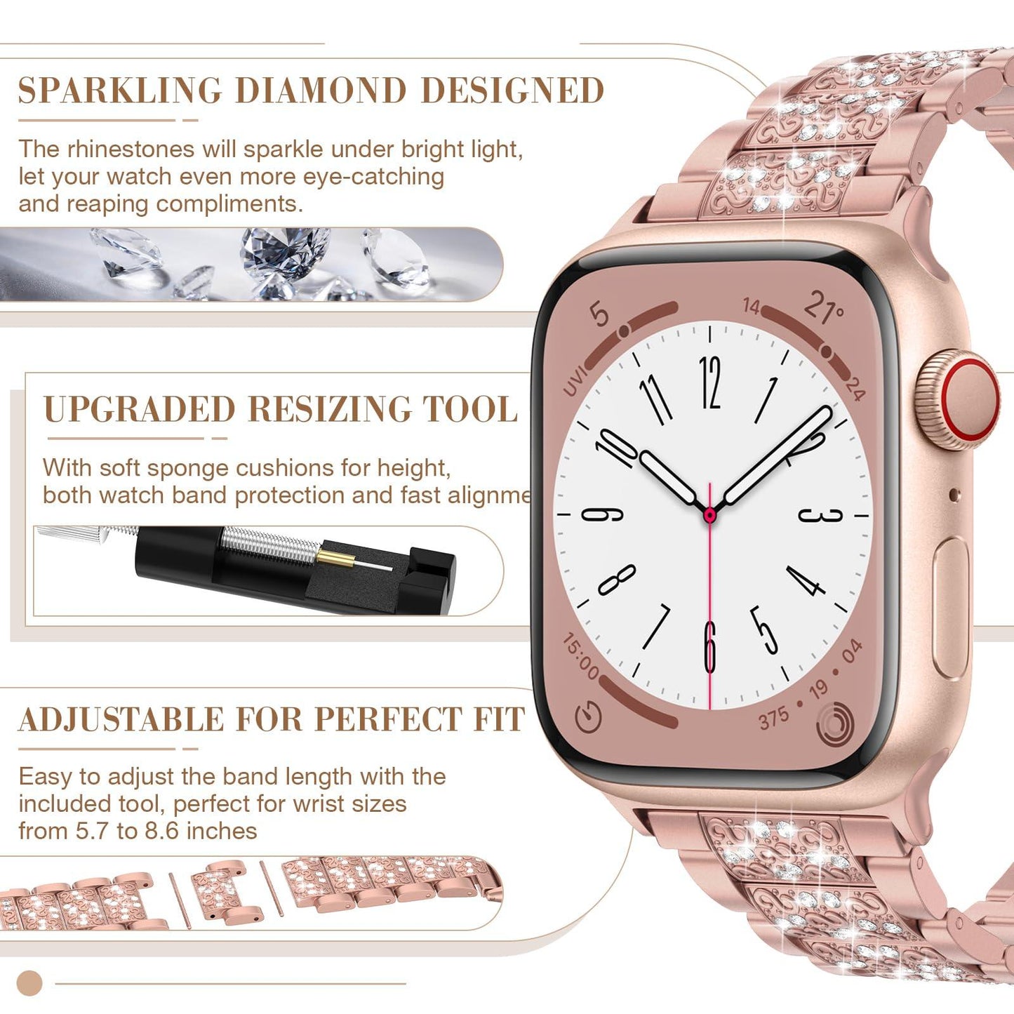 Diamond Rhinestone Stainless Steel Metal Strap Compatible with Apple Watch Band 38mm 40mm 41mm Series 9 8 7 6 5 4 3 2 1 SE, Upgraded Replacement Bracelet iWatch Band by Montret