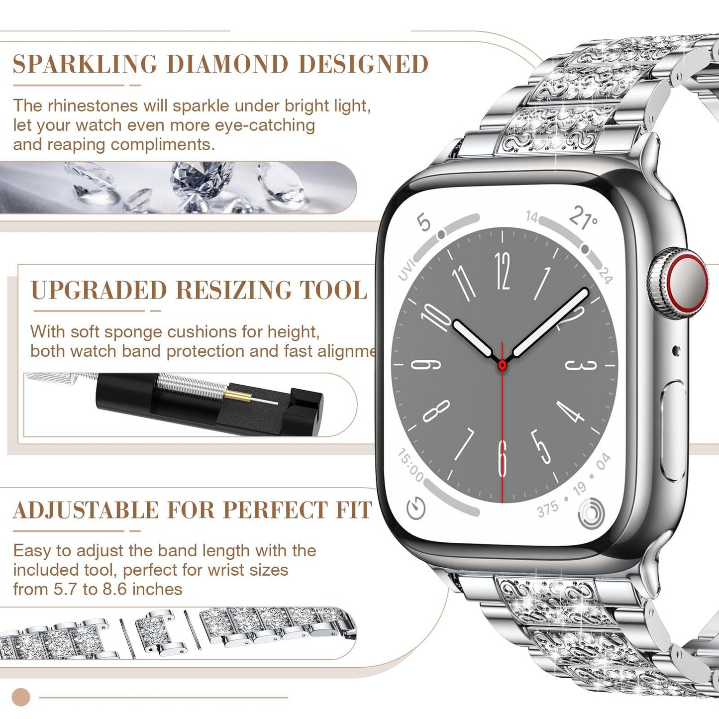 Diamond Rhinestone Stainless Steel Metal Strap Compatible with Apple Watch Band 38mm 40mm 41mm Series 9 8 7 6 5 4 3 2 1 SE, Upgraded Replacement Bracelet iWatch Band by Montret