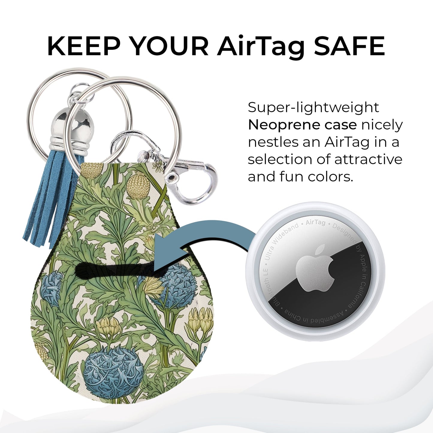 Jolitee Neoprene AirTag Compatible Case Keychain – Durable & Stylish Holder with Secure Ring and Clip, Compatible with Apple AirTag (Blue Flowers) by Jolitee