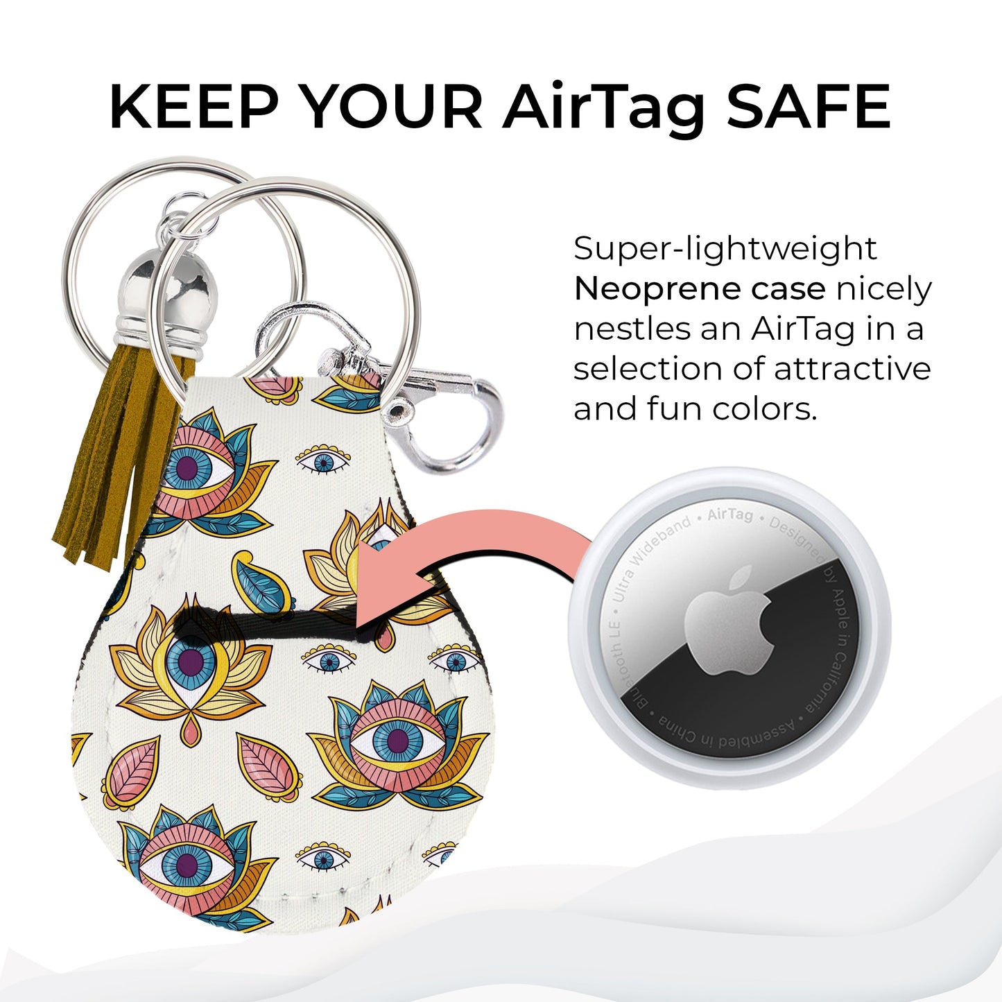 Jolitee Neoprene AirTag Compatible Case Keychain – Durable & Stylish Holder with Secure Ring and Clip, Compatible with Apple AirTag (Boho) by Jolitee