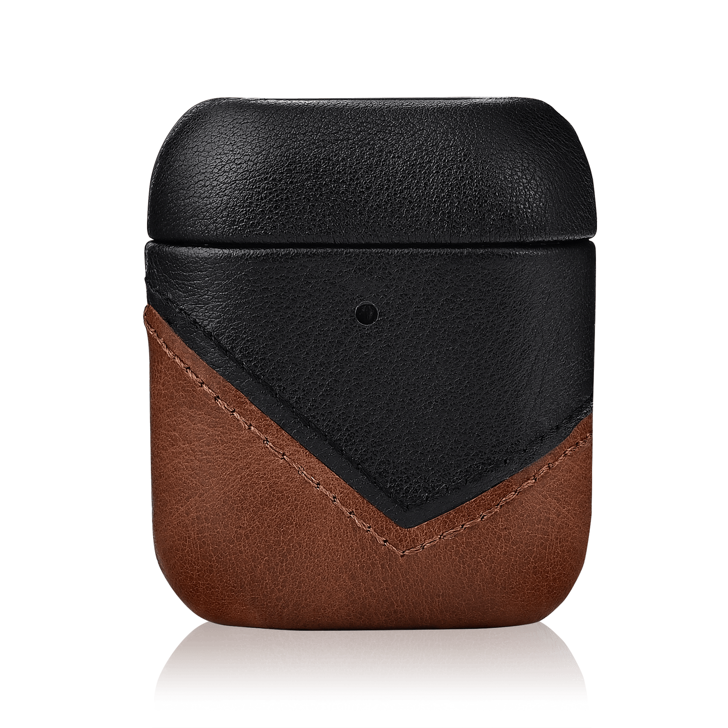 Black and brown leather protective AirPods case with V-shaped stitched front panel