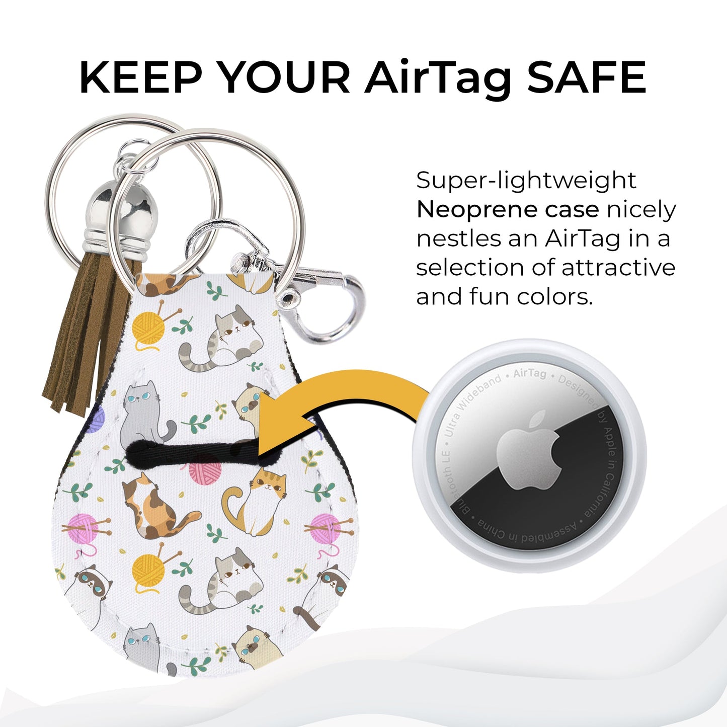Jolitee Neoprene AirTag Compatible Case Keychain – Durable & Stylish Holder with Secure Ring and Clip, Compatible with Apple AirTag (Cat) by Jolitee