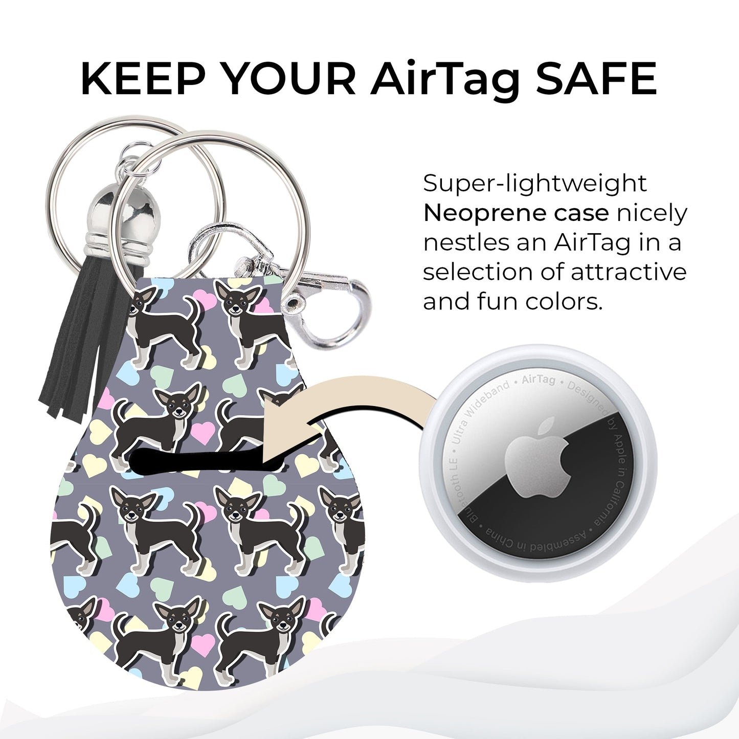 Jolitee Neoprene AirTag Compatible Case Keychain – Durable & Stylish Holder with Secure Ring and Clip, Compatible with Apple AirTag (Chihuahua) by Jolitee