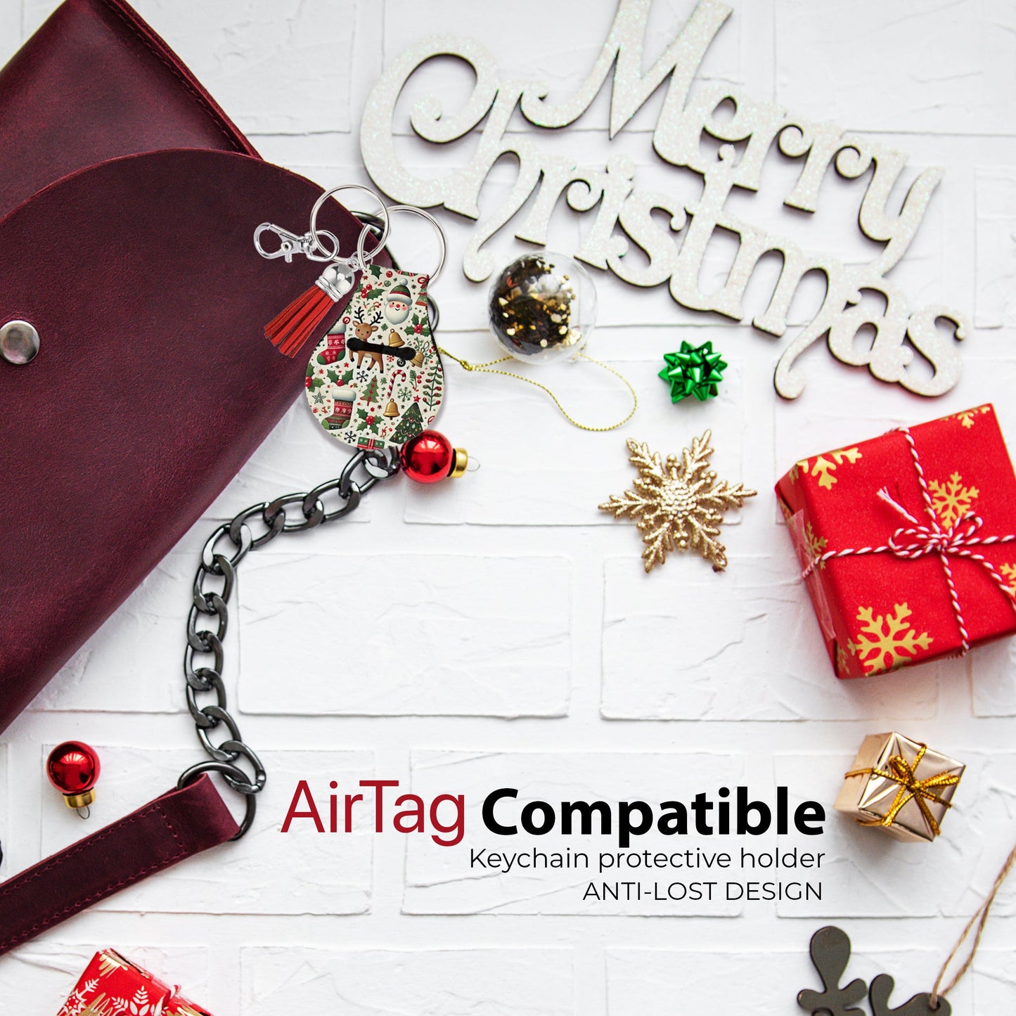 Jolitee Neoprene AirTag Compatible Case Keychain – Durable & Stylish Holder with Secure Ring and Clip, Compatible with Apple AirTag (Christmas Deer) by Jolitee