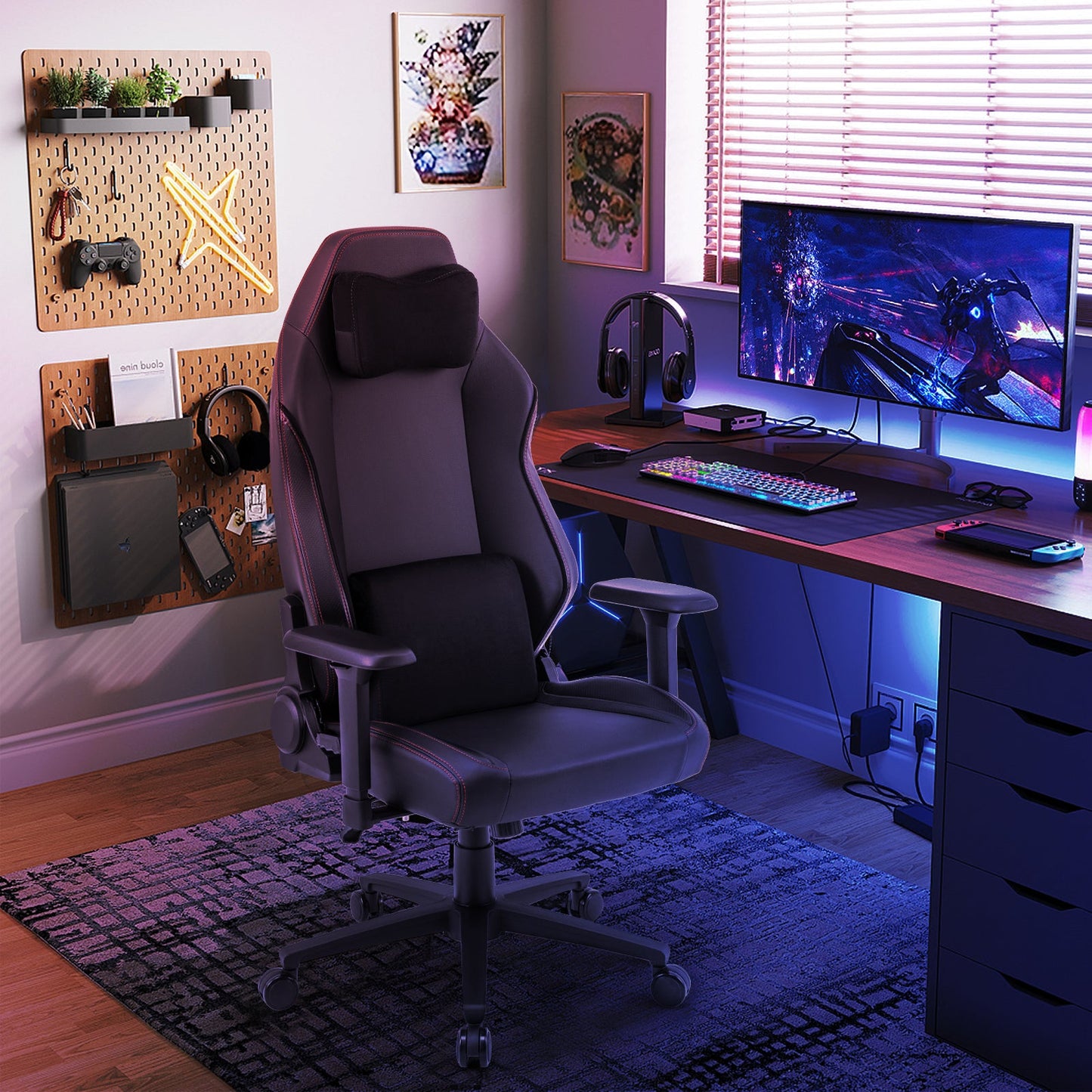 Ergonomic High Back Computer Chair with Magnetic Headrest and Lumbar Pillow-Black by DirectDeals