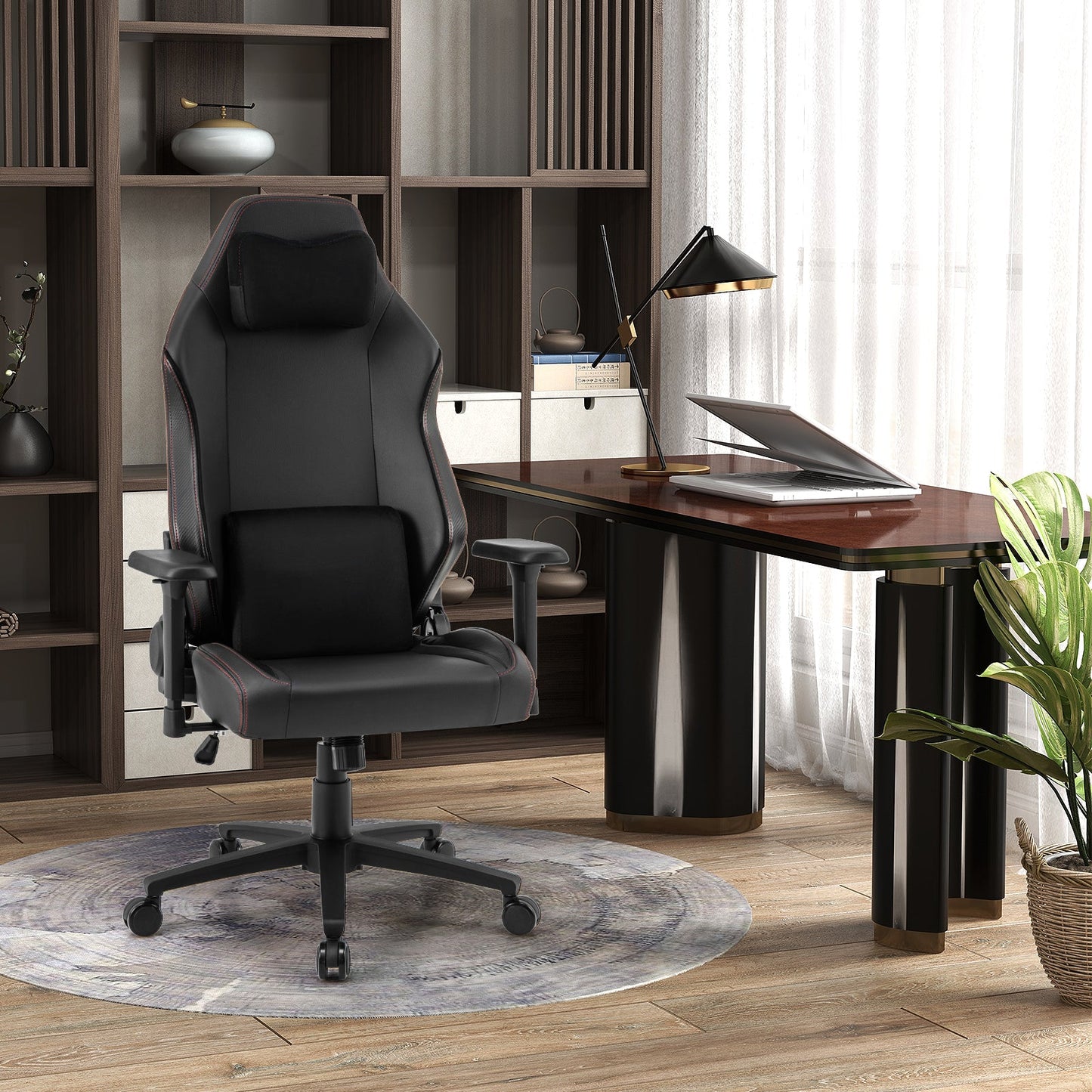 Ergonomic High Back Computer Chair with Magnetic Headrest and Lumbar Pillow-Black by DirectDeals