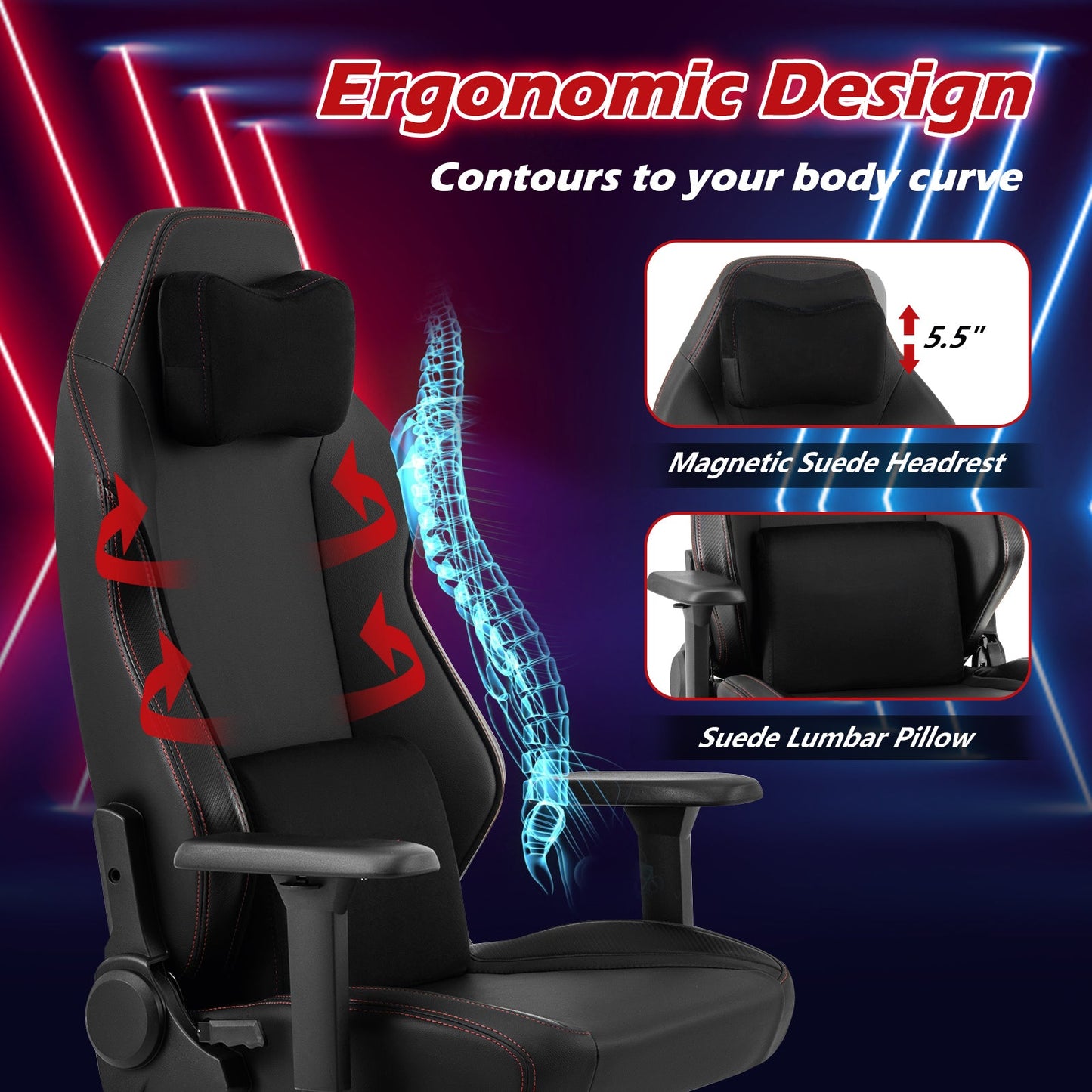Ergonomic High Back Computer Chair with Magnetic Headrest and Lumbar Pillow-Black by DirectDeals