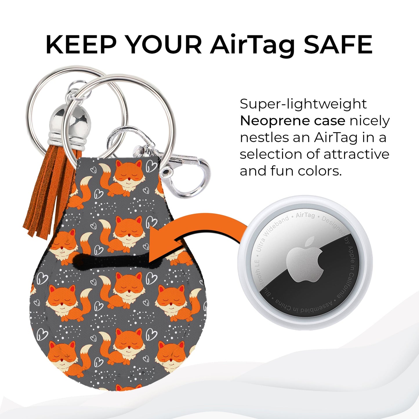 Jolitee Neoprene AirTag Compatible Case Keychain – Durable & Stylish Holder with Secure Ring and Clip, Compatible with Apple AirTag (Fox) by Jolitee
