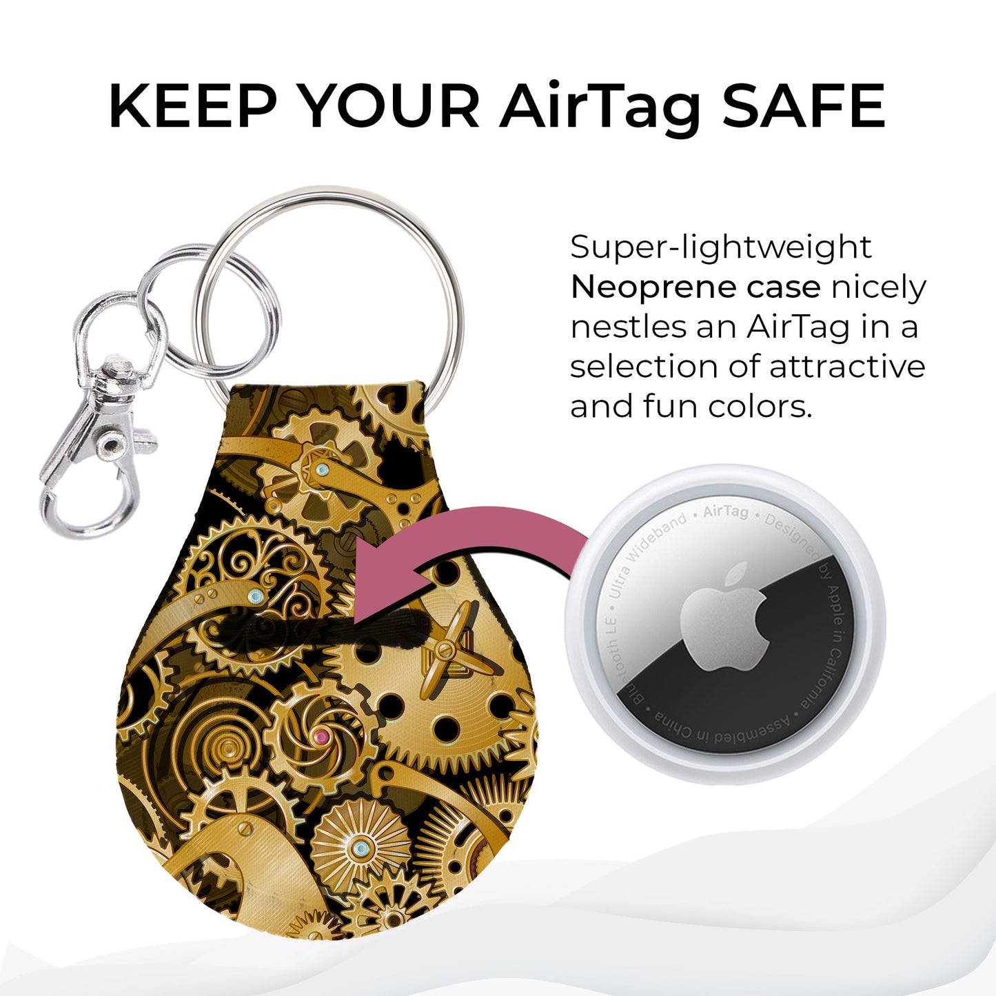 Jolitee Neoprene AirTag Compatible Case Keychain – Durable & Stylish Holder with Secure Ring and Clip, Compatible with Apple AirTag (Gold Gears) by Jolitee