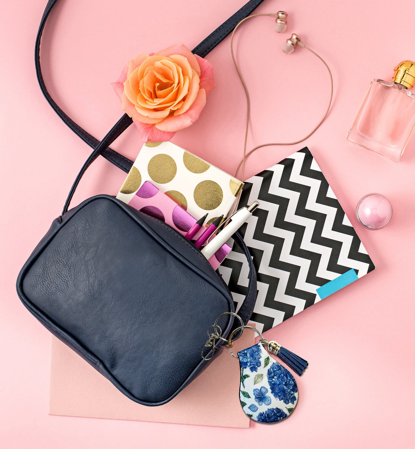 Jolitee Neoprene AirTag Compatible Case Keychain – Durable & Stylish Holder with Secure Ring and Clip, Compatible with Apple AirTag (Hydrangea Blue Floral) by Jolitee