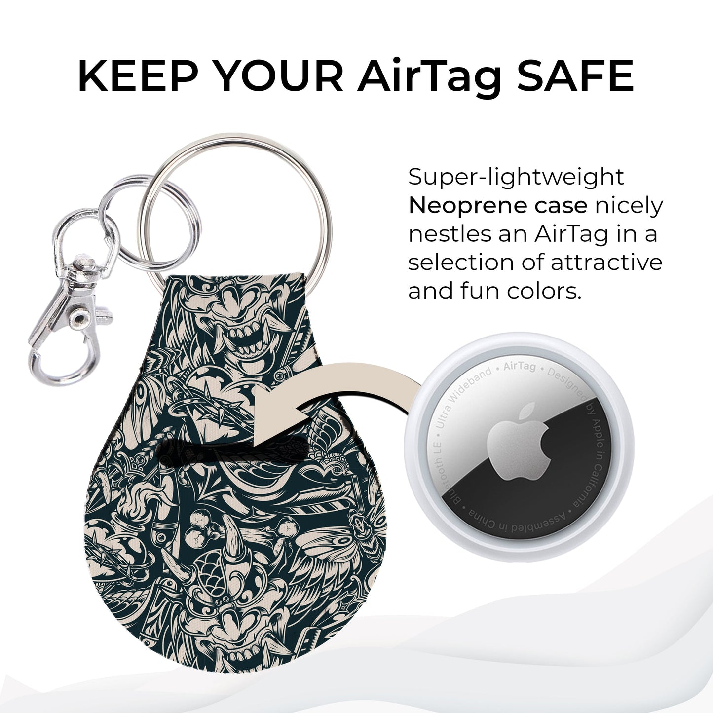 Jolitee Neoprene AirTag Compatible Case Keychain – Durable & Stylish Holder with Secure Ring and Clip, Compatible with Apple AirTag (Japanese Tattoo) by Jolitee
