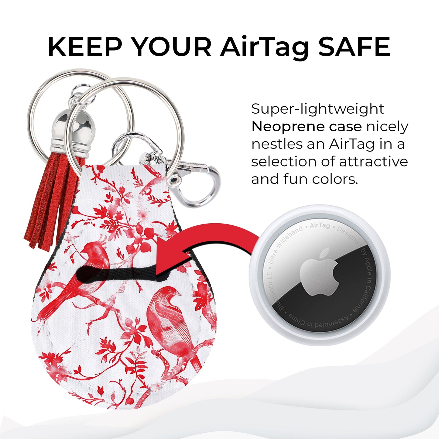 Jolitee Neoprene AirTag Compatible Case Keychain – Durable & Stylish Holder with Secure Ring and Clip, Compatible with Apple AirTag (Chinoiserie Red Birds) by Jolitee