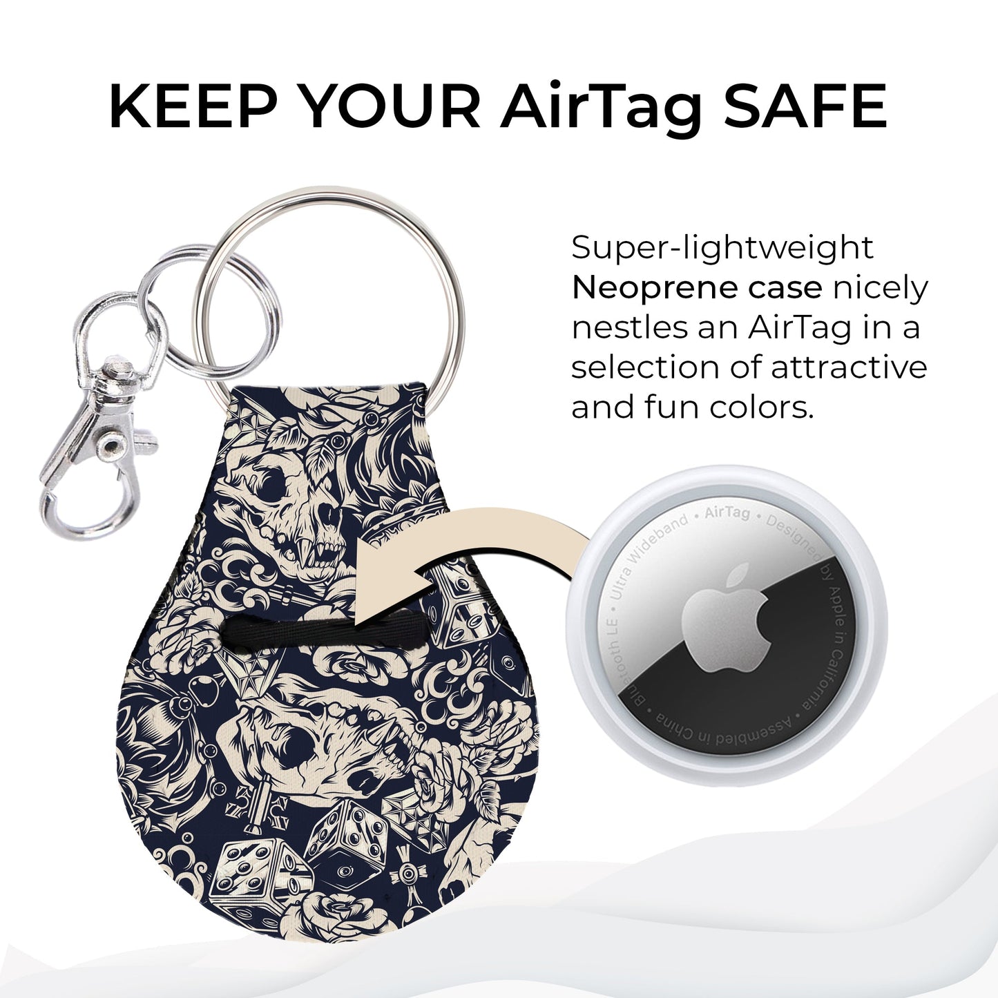 Jolitee Neoprene AirTag Compatible Case Keychain – Durable & Stylish Holder with Secure Ring and Clip, Compatible with Apple AirTag (Skull With Crown) by Jolitee