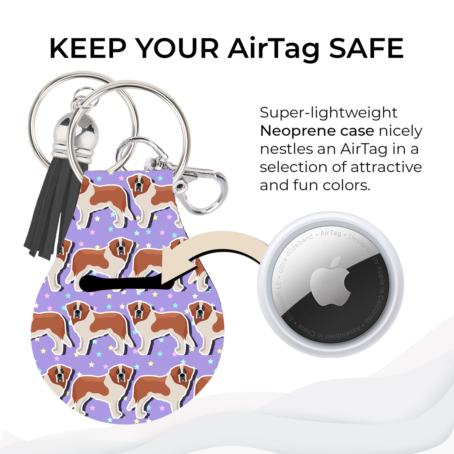 Jolitee Neoprene AirTag Compatible Case Keychain – Durable & Stylish Holder with Secure Ring and Clip, Compatible with Apple AirTag (St Bernard) by Jolitee