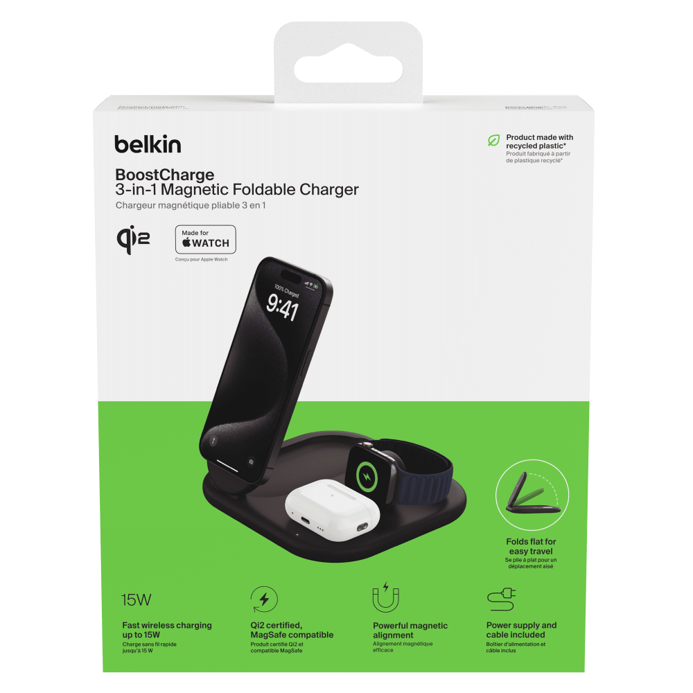 Belkin Qi2 15W 3-in-1 Wireless Pad/Stand - Black by Belkin