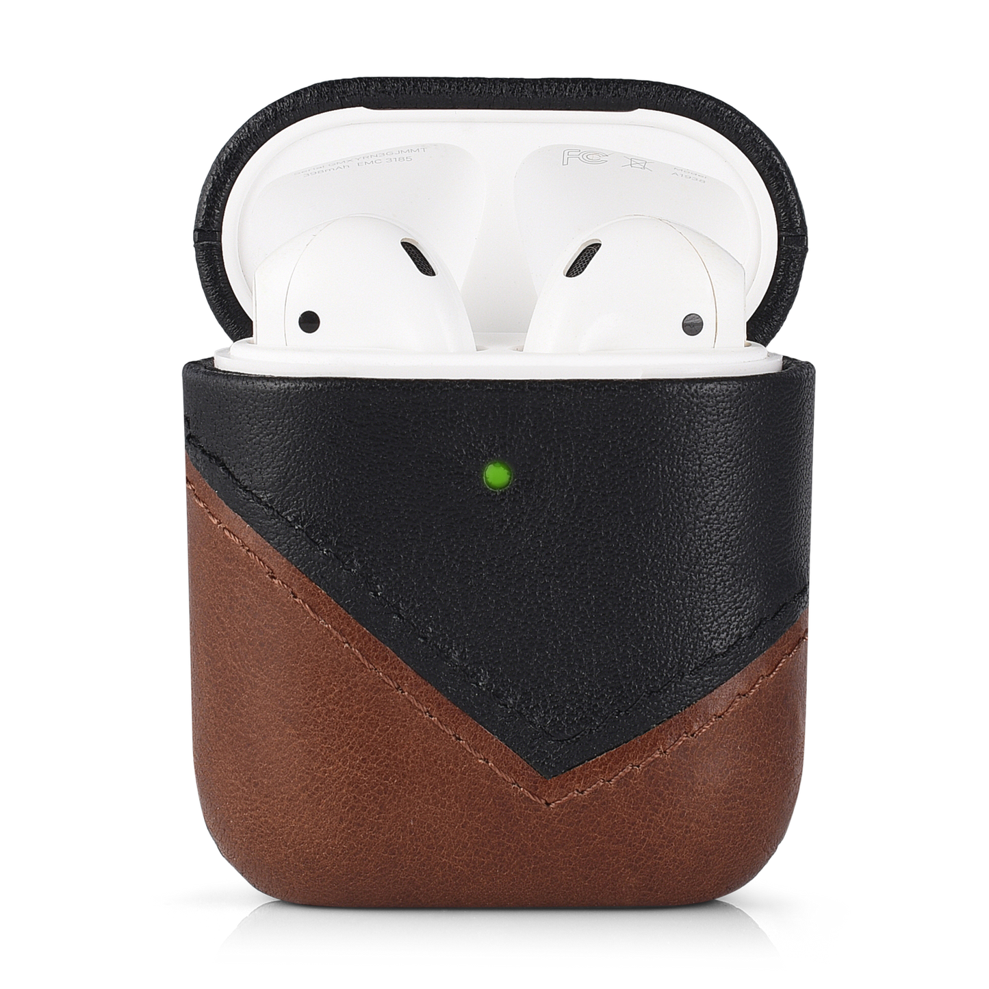Two-tone brown and black leather AirPods case (TERRA), open showing white AirPods and green LED — FCC visible inside lid