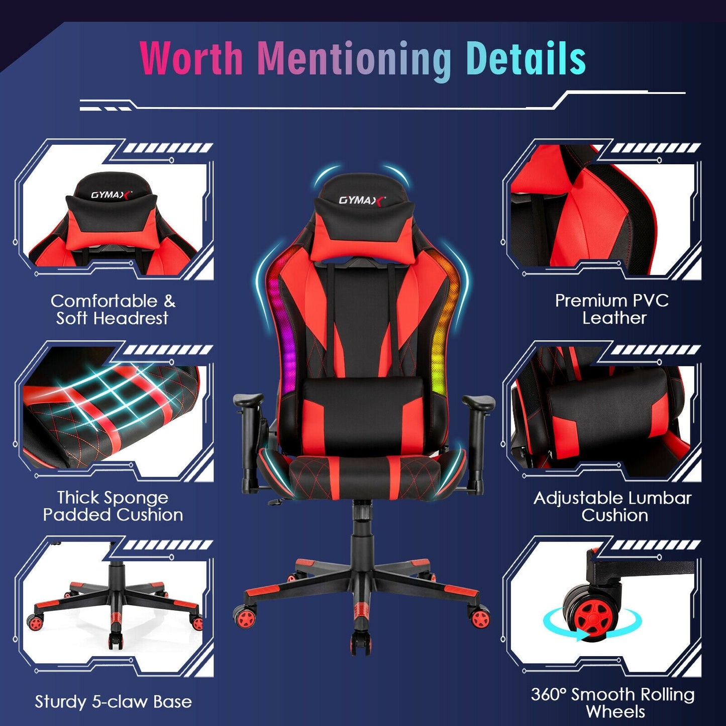 Gaming Chair Adjustable Swivel Computer Chair with Dynamic LED Lights-Red by DirectDeals