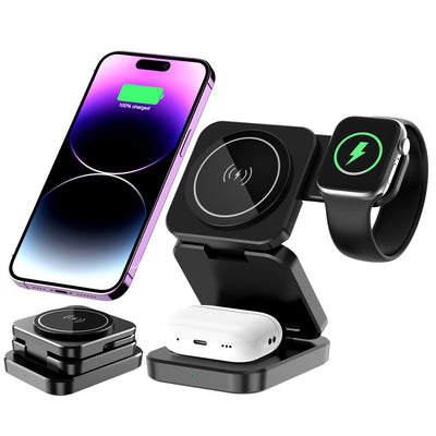 A390 3-in-1 15W Fast Charging Magnetic Wireless Charger Folding Bracket Compatible with iPhone  /  Apple Watch  /  Airpods
