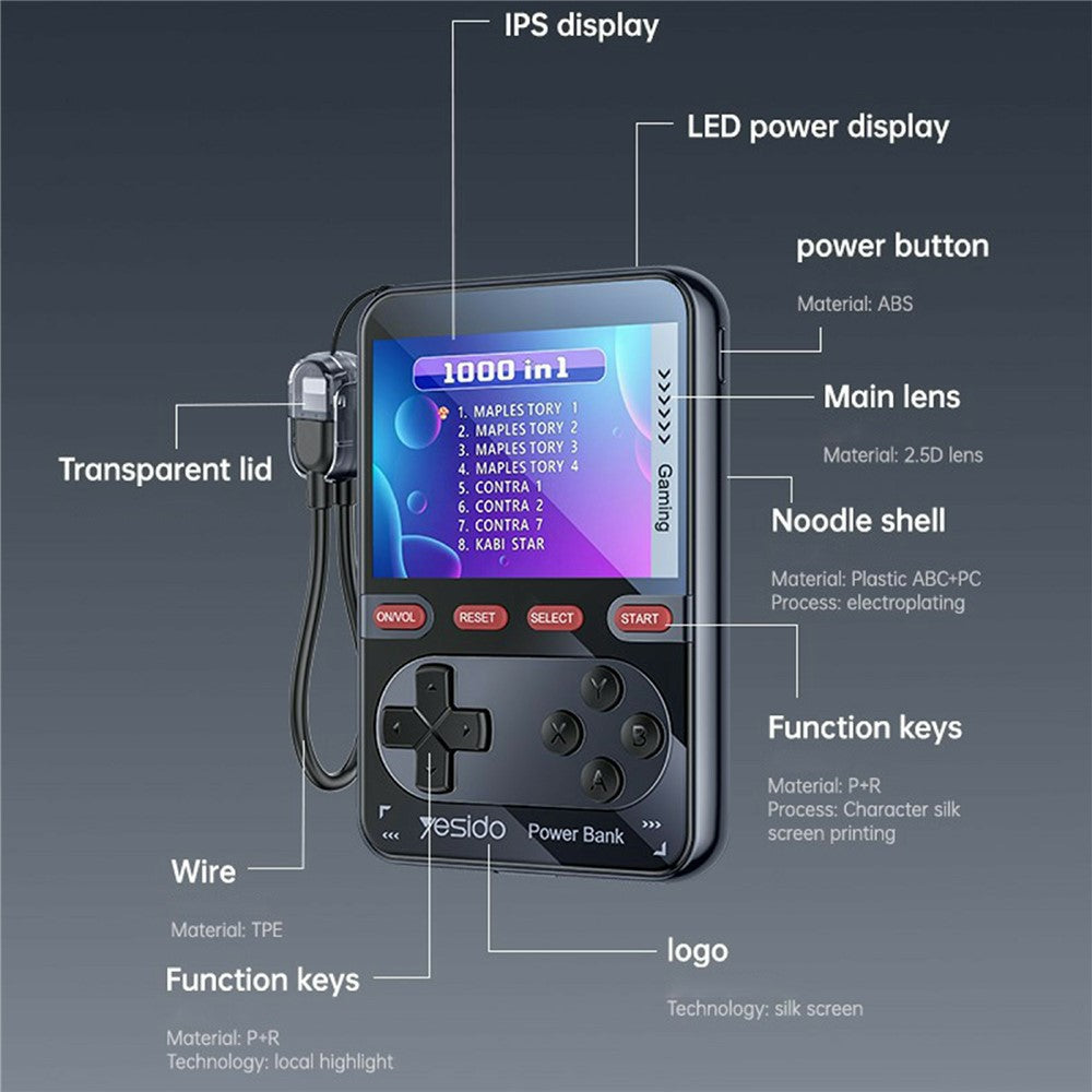 YESIDO YP87 2 in 1 2.8 Inch IPS Screen Game Console 10000mAh Power Bank with Type-C Cable