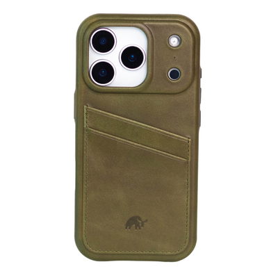 olive-green leather iPhone case with two diagonal card slots and small embossed elephant logo