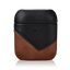 Black and brown leather protective AirPods case with V-shaped stitched front panel