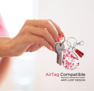 Jolitee Neoprene AirTag Compatible Case Keychain – Durable & Stylish Holder with Secure Ring and Clip, Compatible with Apple AirTag (Chinoiserie Red Birds) by Jolitee