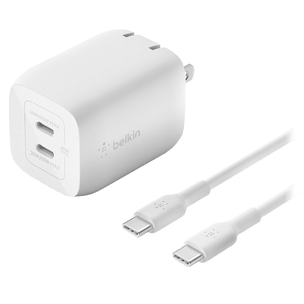 Belkin BoostCharge Pro Dual USB-C GaN Wall Charger with PPS 65W and USB-C to USB-C Cable
