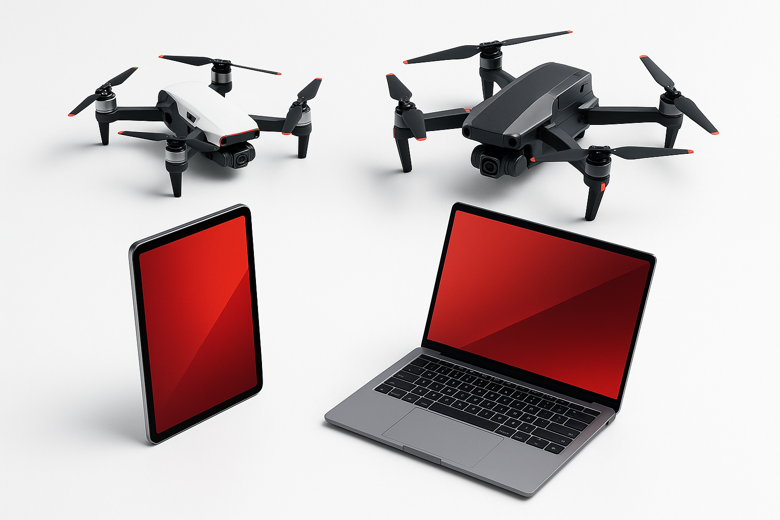 Do a modern and clean design for show drones, tablets and laptops. with the main colors are red, black and white, the background white