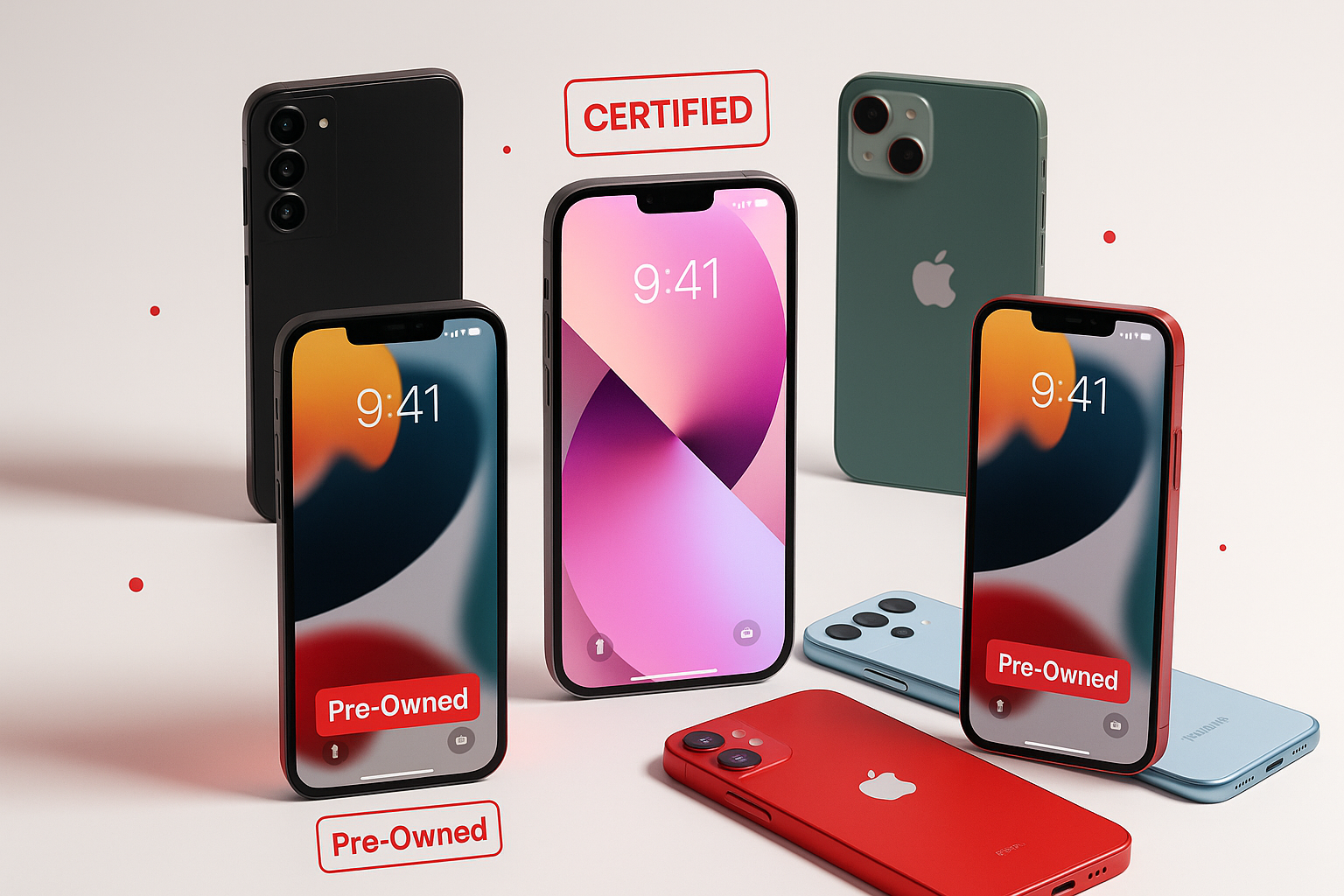 Make a image for a Collections of pre owned iphone, use a white background and red detail in the picture use iphone and samsung devices
