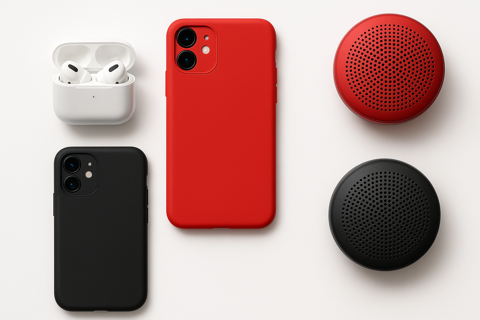 Make image with a clean design, showing phone accesories like airpods, phone cases, bluethooth speakers. clean design with. the main colors (red, black and white) the background make white